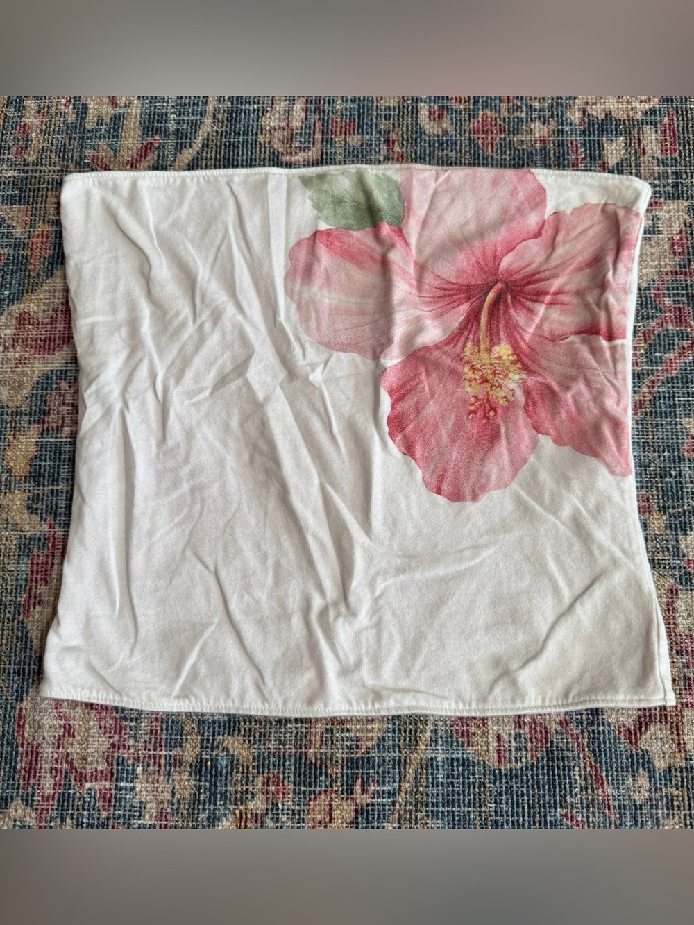 White Strapless Crop Top with Pink Floral Print